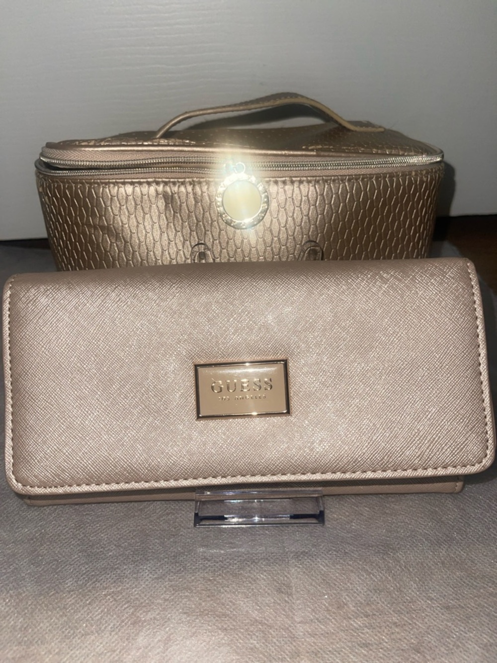 Bundle!!! GUESS Metallic Rose Gold Trifold Wallet  | Bvlgari  bag w/charm